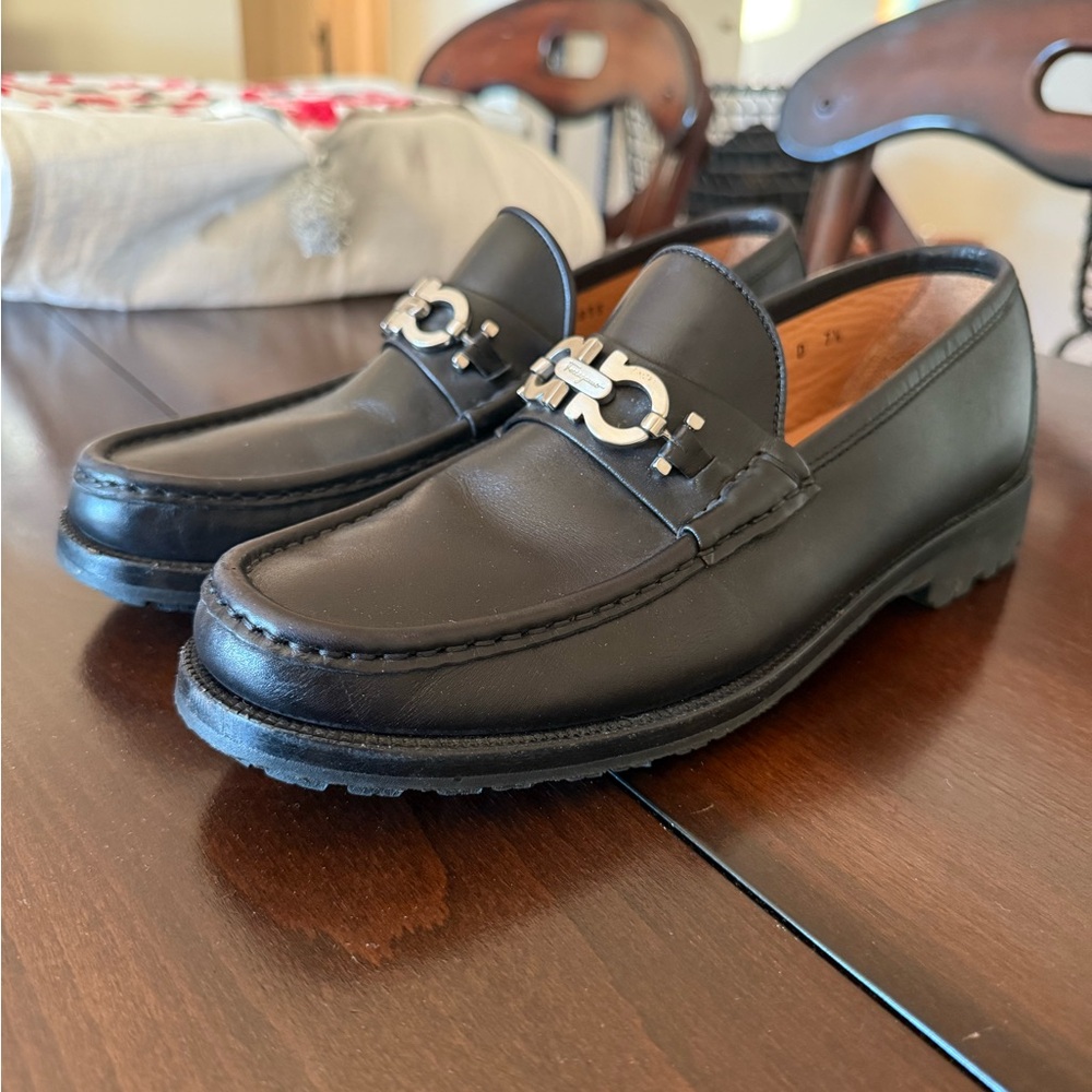 Salvatore Ferragamo Black Leather Slip-On Loafers